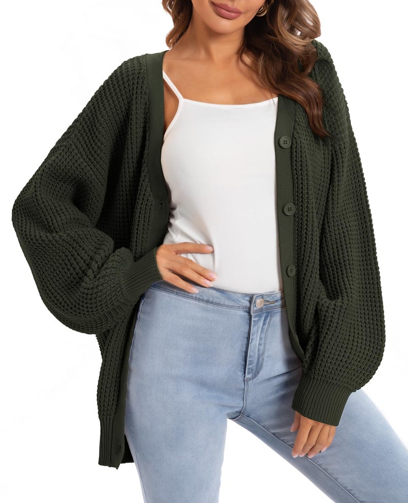 QUALFORT Women's 100% Cotton Cardigans Sweaters for Women Button up Lantern Sleeve Fall Cardigan for Women 2026 Green XXX-Large - Image 1